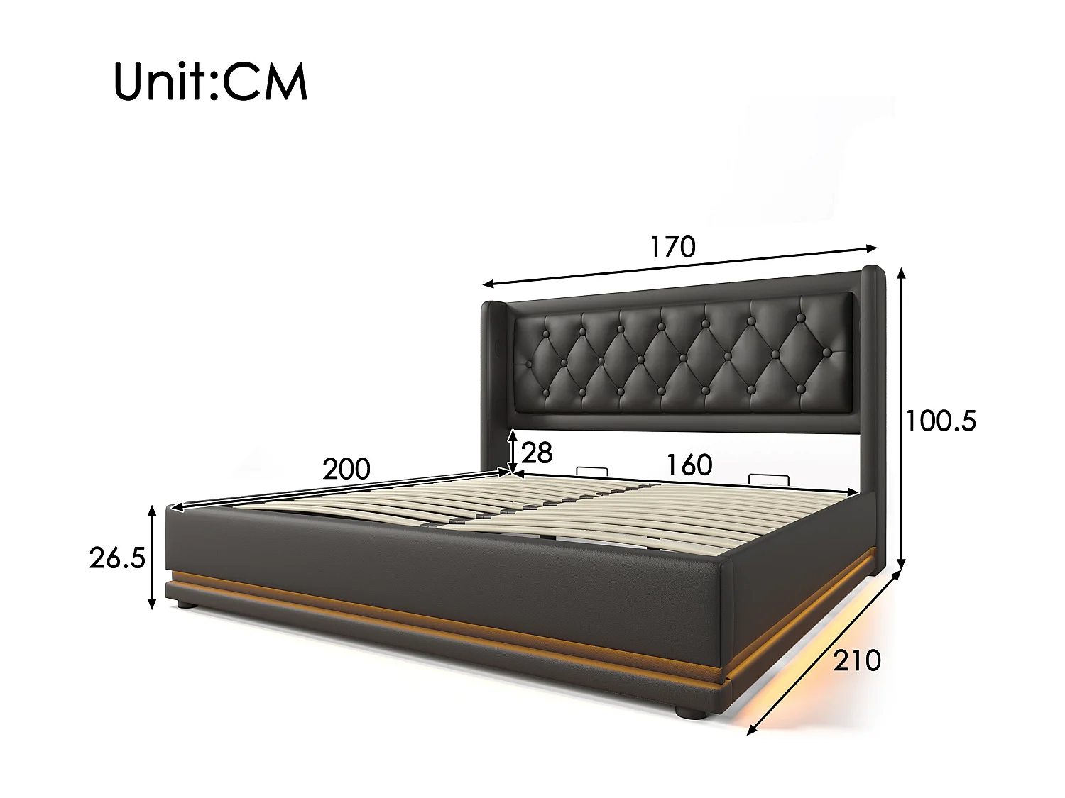 Lit coffre 160x200 cm avec LED 3 côtés, ports USB et USB C, tête de lit capitonnée, PU noir (Avec matelas)