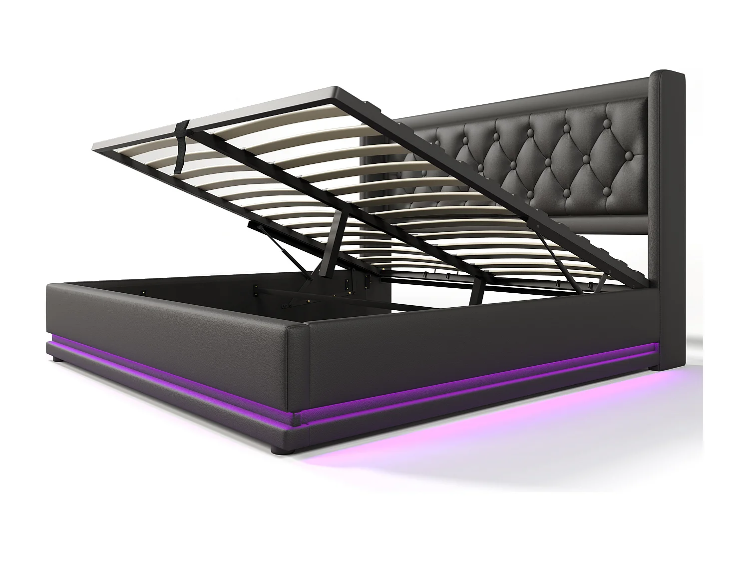 Lit coffre 160x200 cm avec LED 3 côtés, ports USB et USB C, tête de lit capitonnée, PU noir (Avec matelas)