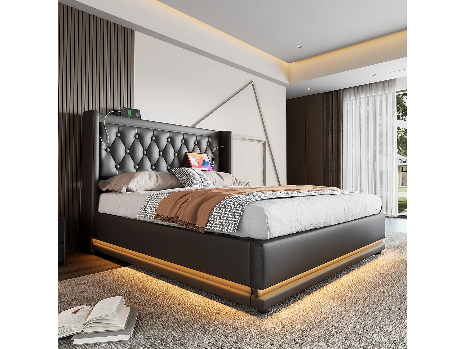 Lit coffre 160x200 cm avec LED 3 côtés, ports USB et USB C, tête de lit capitonnée, PU noir (Avec matelas)