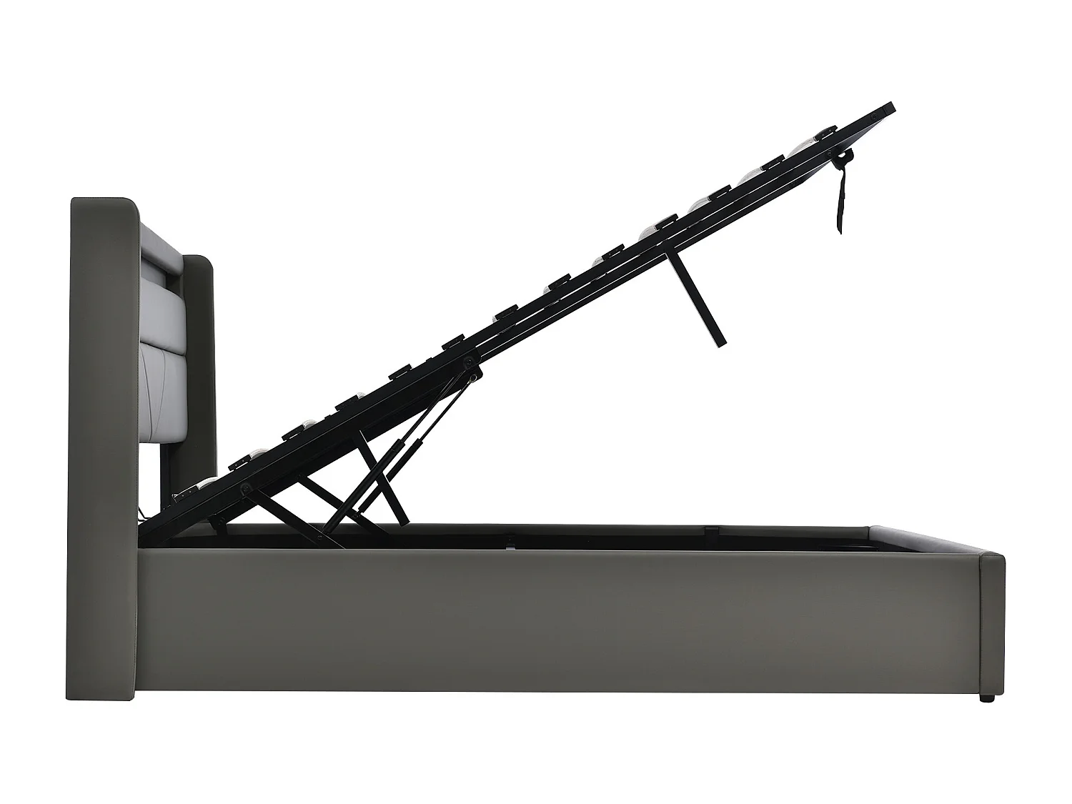Lit coffre 140x200 cm avec sommier - tête de lit rembourrée avec LED - similicuir gris (sans matelas)