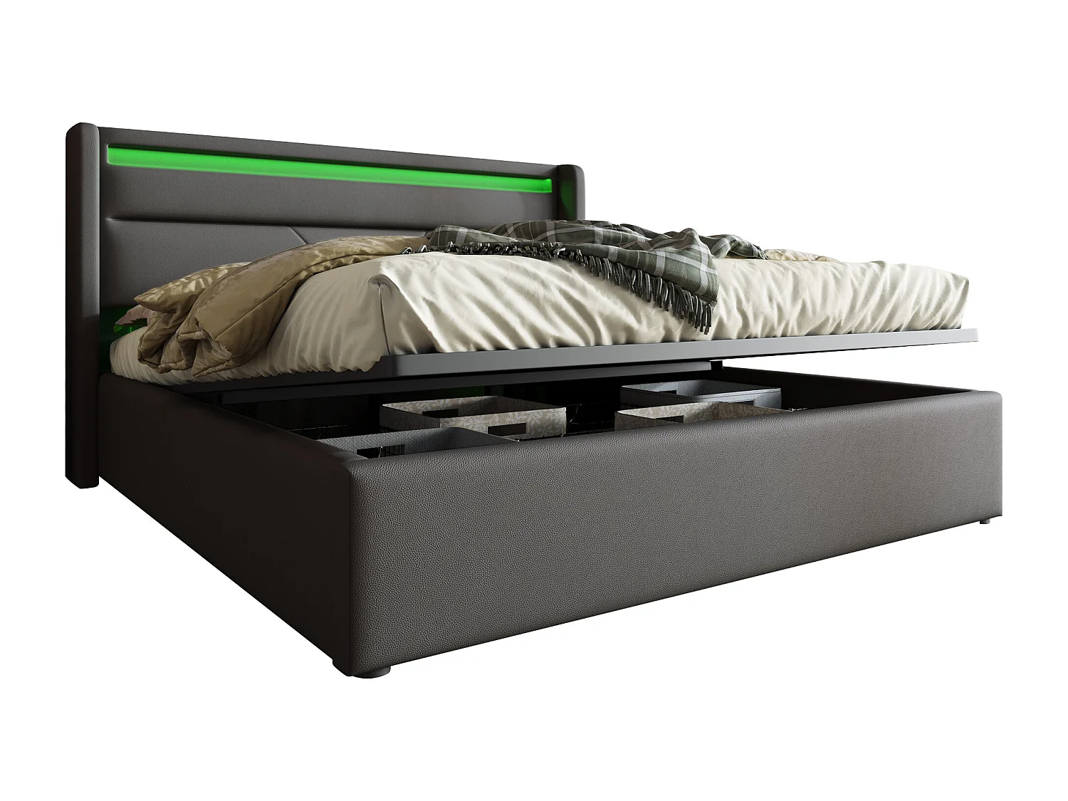 Lit coffre 140x200 cm avec éclairage LED et télécommande, avec sommier relevable hydraulique, PU gris (Sans matelas)