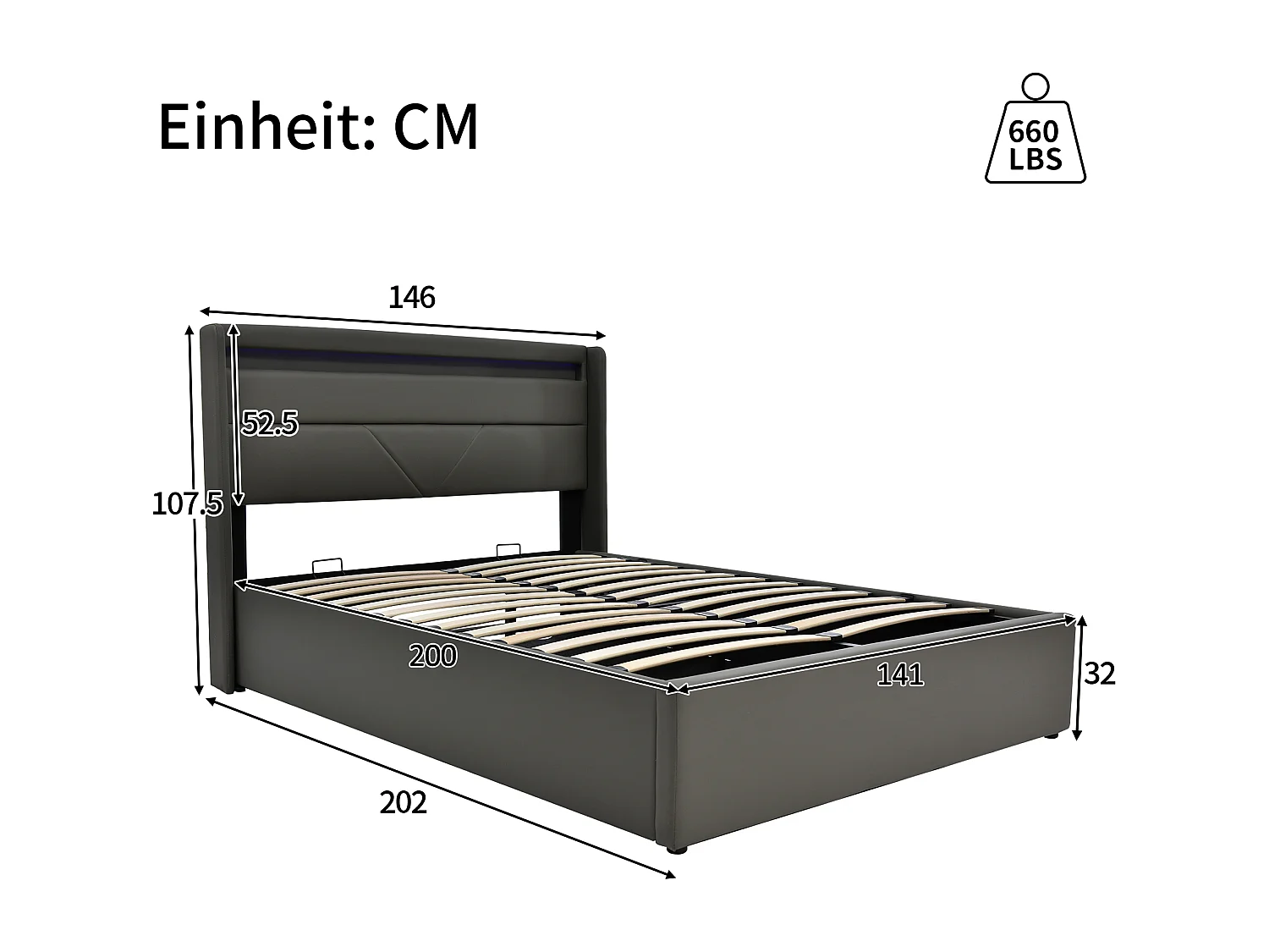 Lit coffre 140x200 cm avec éclairage LED et télécommande, avec sommier relevable hydraulique, PU gris (Sans matelas)