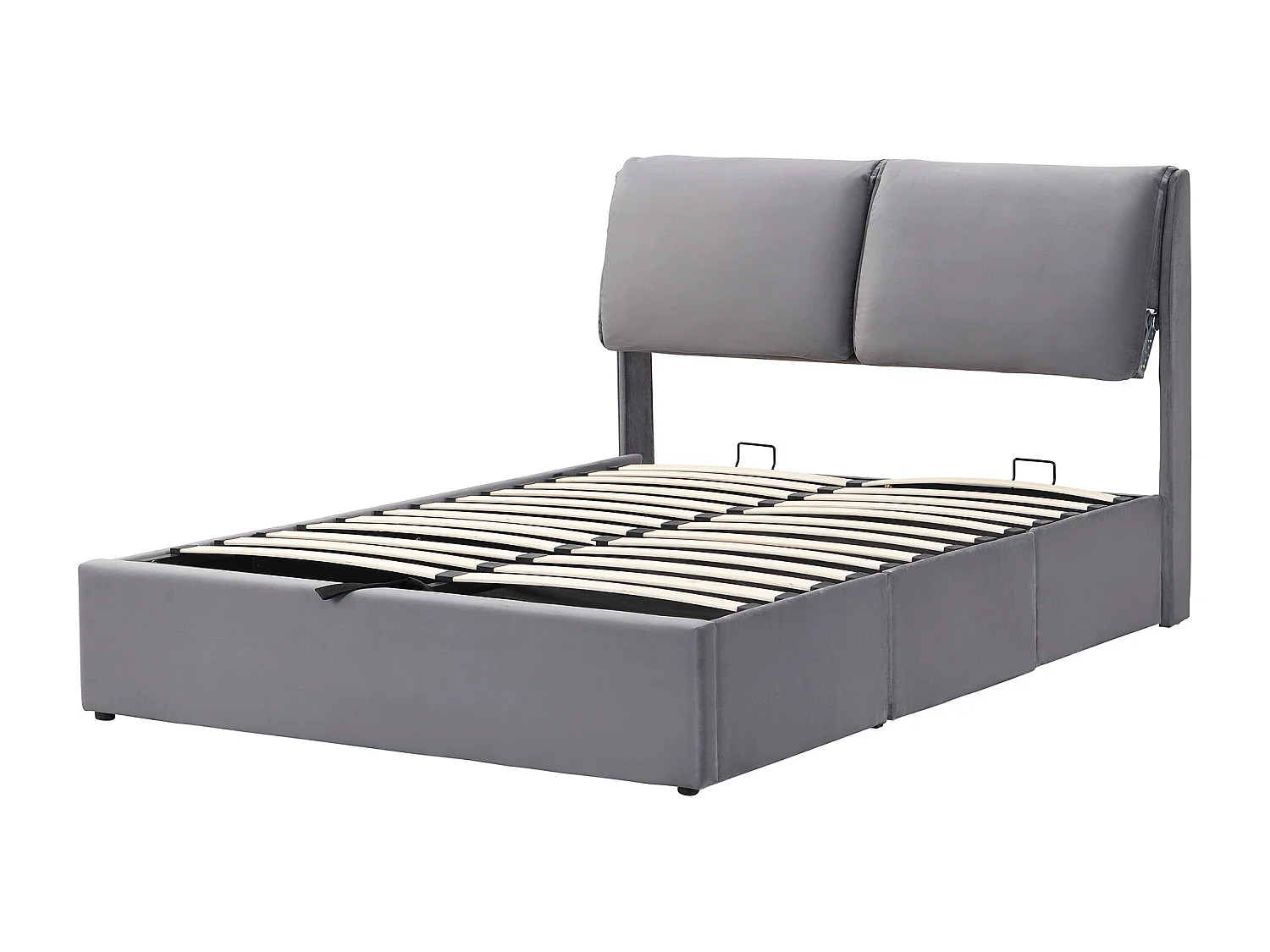 Lit coffre 140x190 cm avec sommier hydraulique et 3 tiroirs, tête de lit réglable en velours gris (Sans matelas)