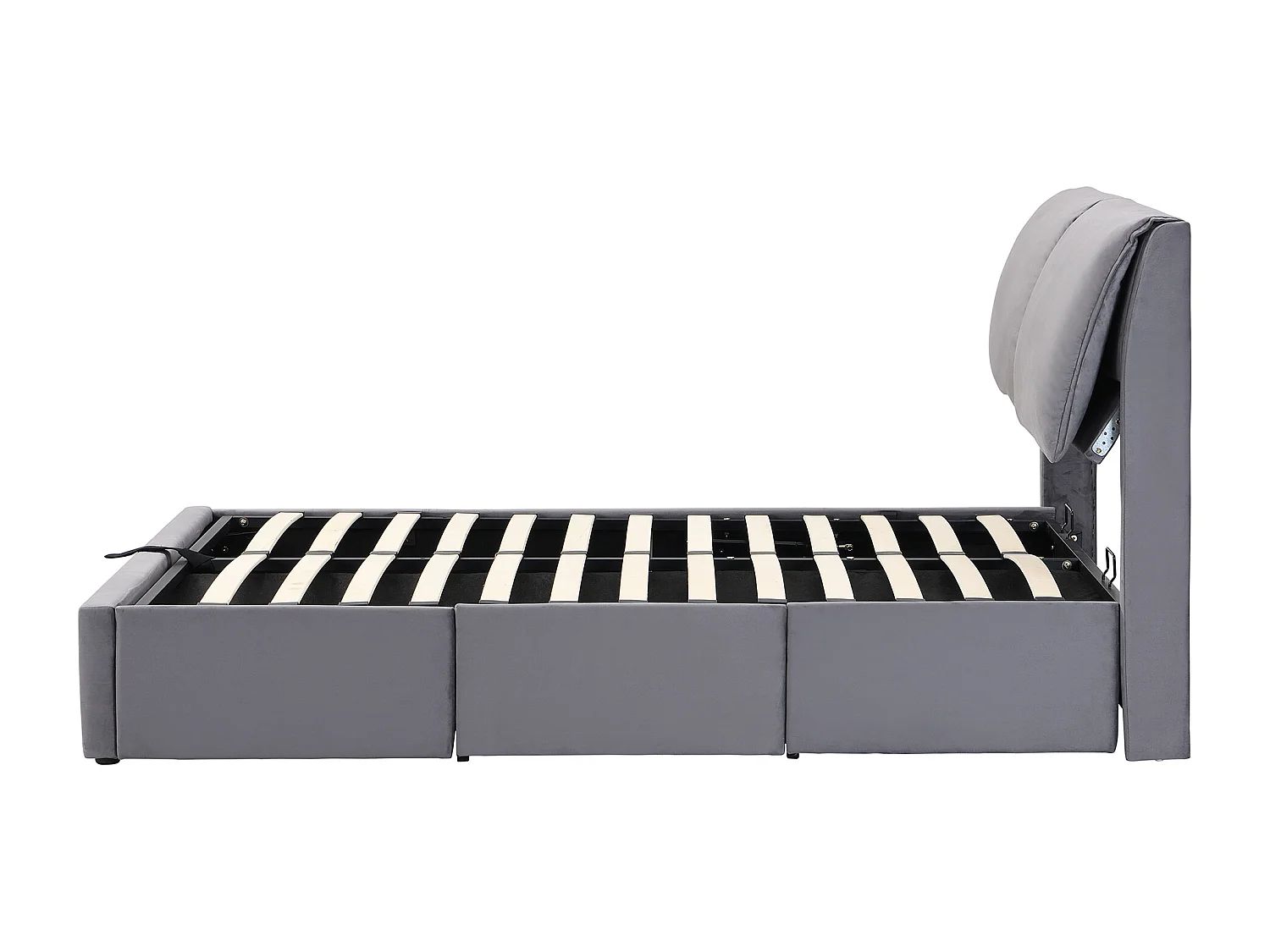 Lit coffre 140x190 cm avec sommier hydraulique et 3 tiroirs, tête de lit réglable en velours gris (Sans matelas)