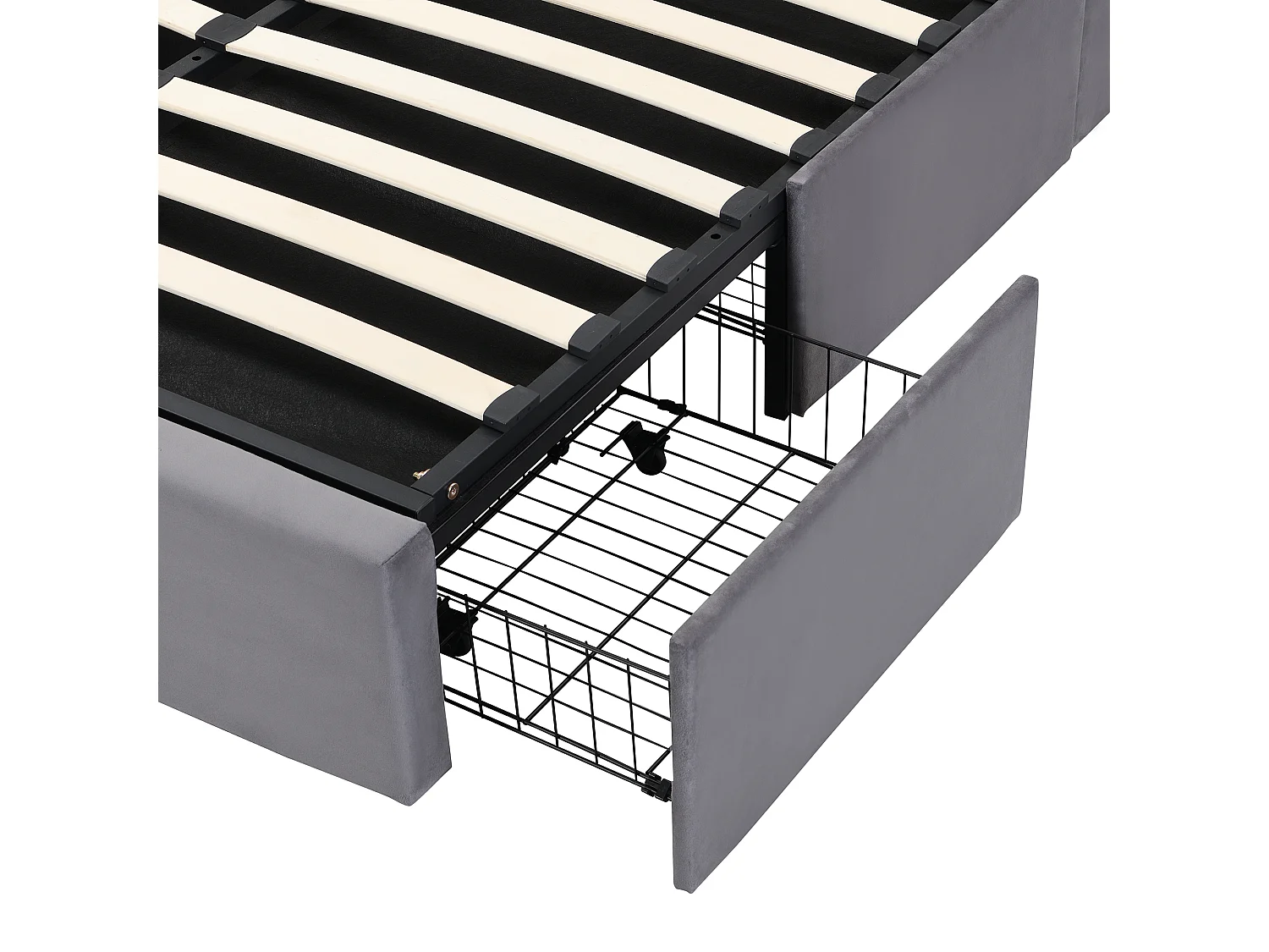 Lit coffre 140x190 cm avec sommier hydraulique et 3 tiroirs, tête de lit réglable en velours gris (Sans matelas)