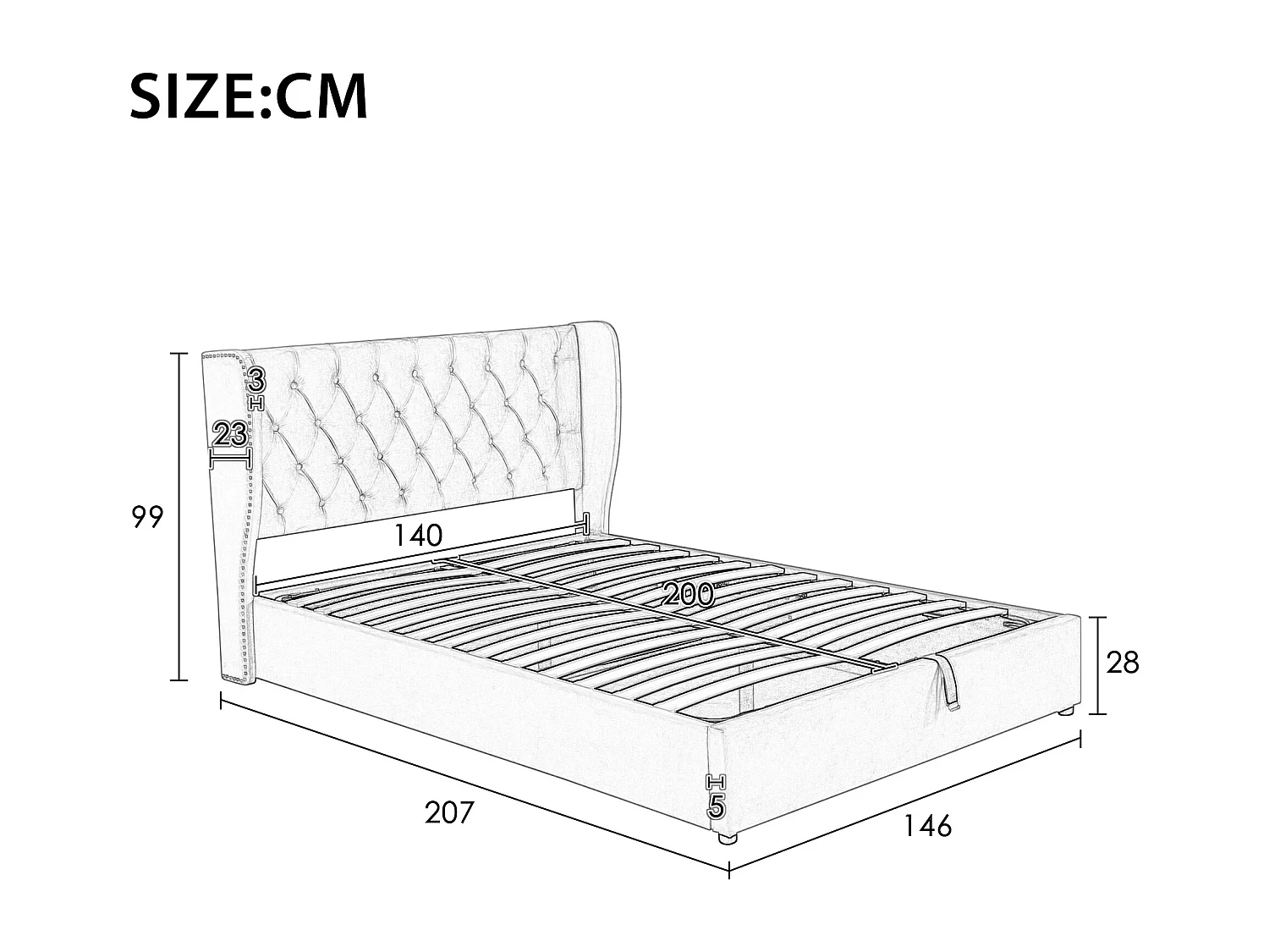 Lit coffre 140x200 cm lit 2 places avec sommier et tête de lit en forme d'oreillel - beige velours (sans matelas)