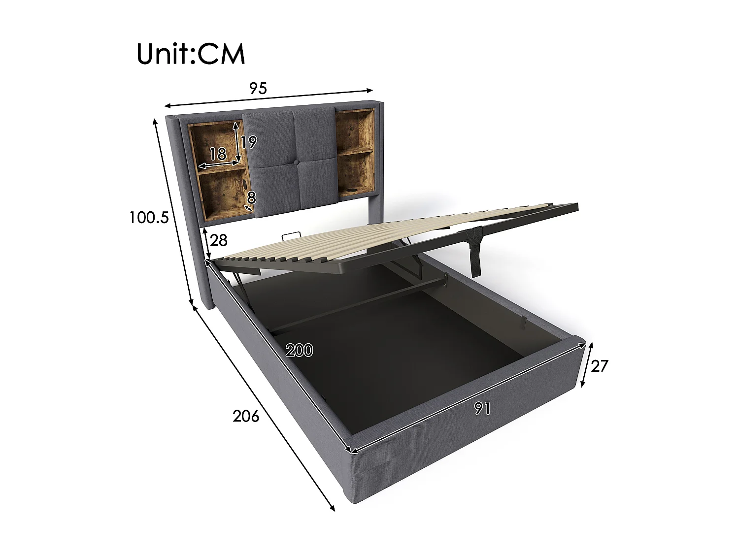 Lit Coffre 90x200cm avec USB espace de rangement matelas gris pour enfants et adultes et adolescents