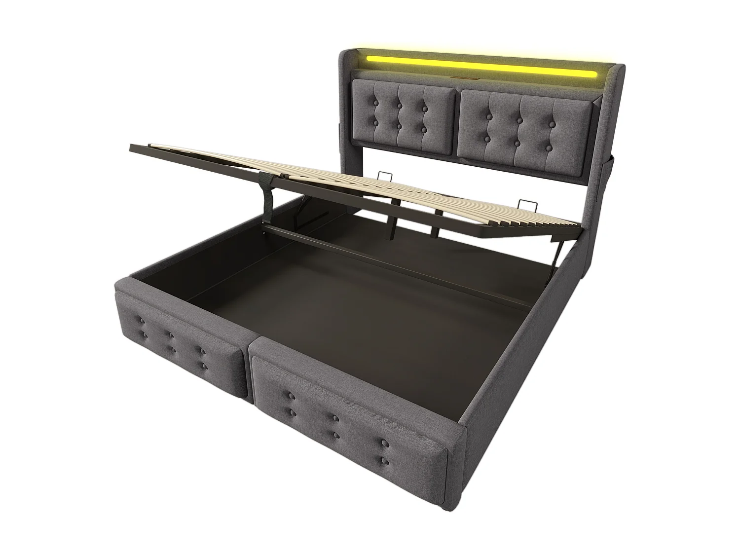 Lit coffre 160x200 cm avec sommier - tête de lit capitonnée avec USB et LED - coton et lin - gris (sans matelas)