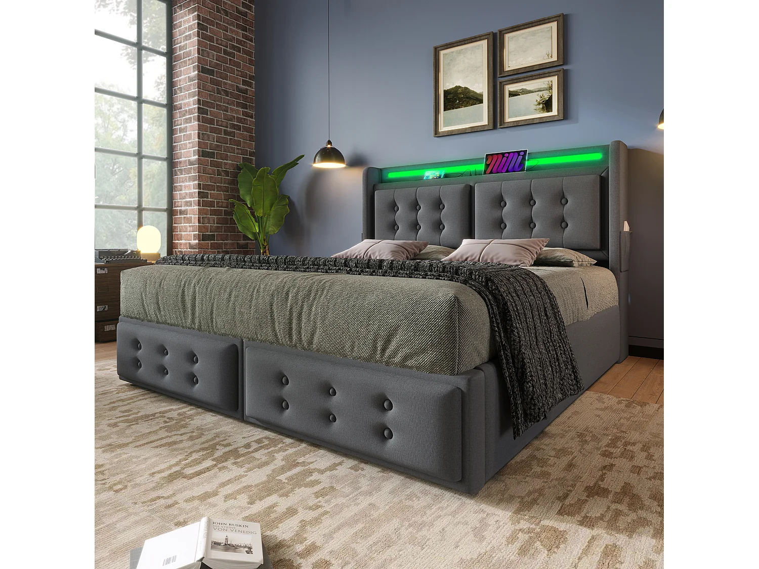 Lit coffre 160x200 cm avec LED et prises USB C, avec sommier relevable, coton lin gris (Sans matelas)