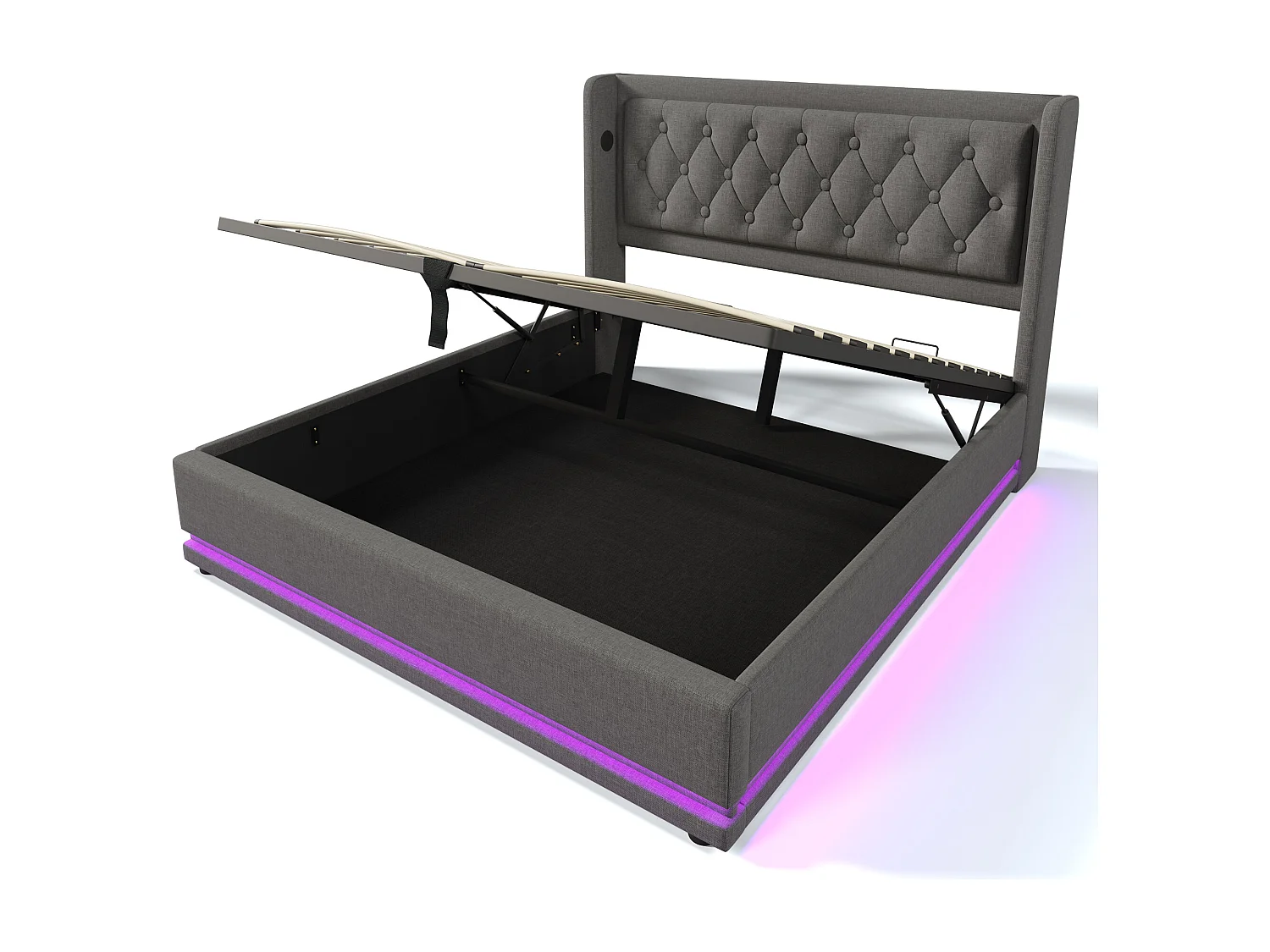 Lit coffre 160x200 cm avec sommier - tête de lit capitonnée avec USB et LED - coton - gris (sans matelas)