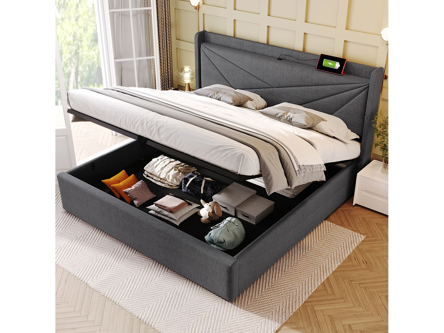 Lit coffre 160x200 cm, tête de lit géométrique avec USB et Type C, sommier et matelas inclus, coton et lin gris(Sans matelas)