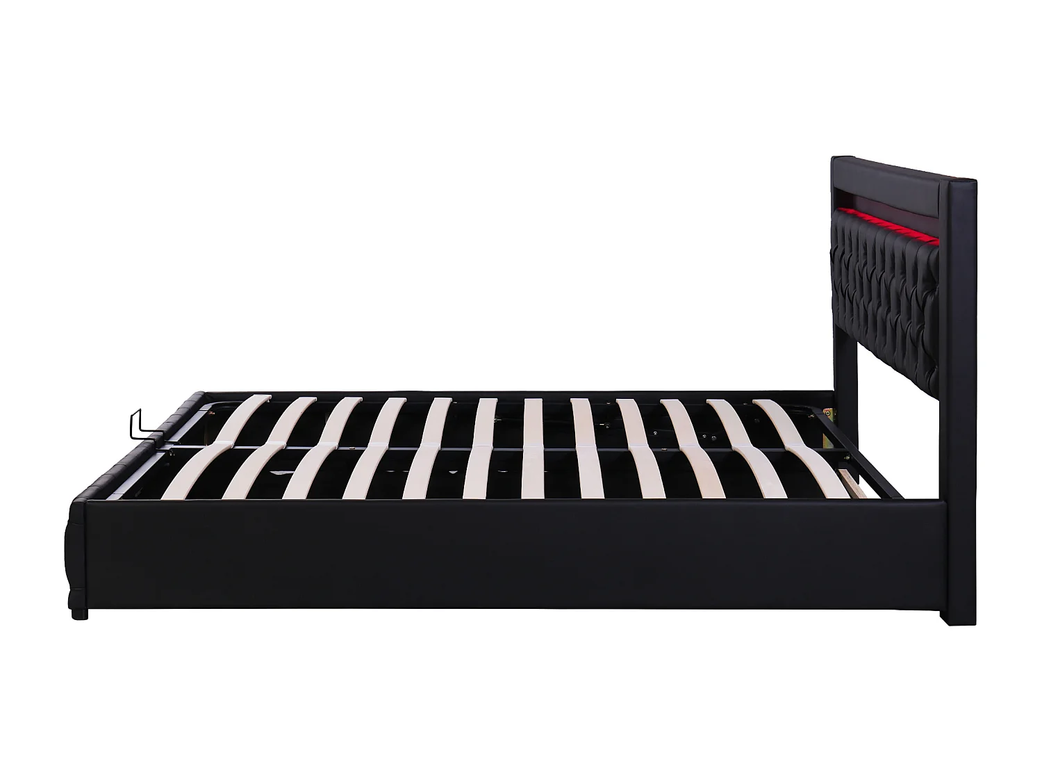 Lit coffre 160x200 cm avec sommier en bois - tête de lit capitonnée avec LED - similicuir - noir (sans matelas)