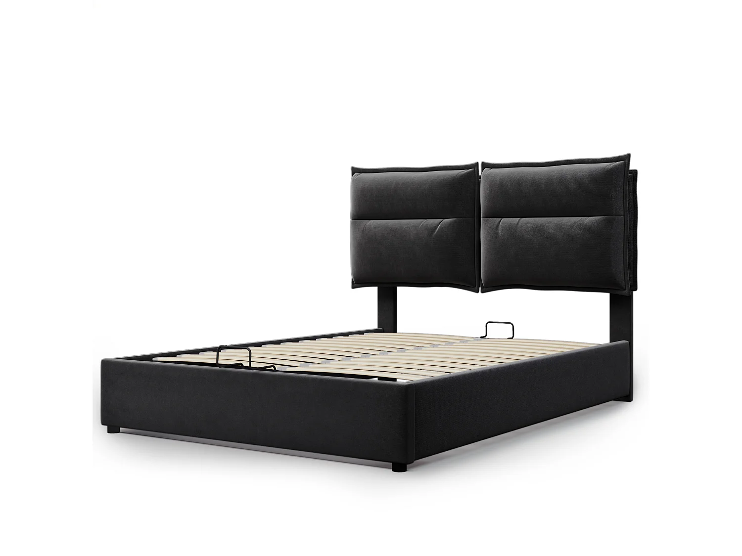 Lit coffre 140x200 cm avec tête de lit réglable, rangement hydraulique, velours et métal, noir (Sans matelas)