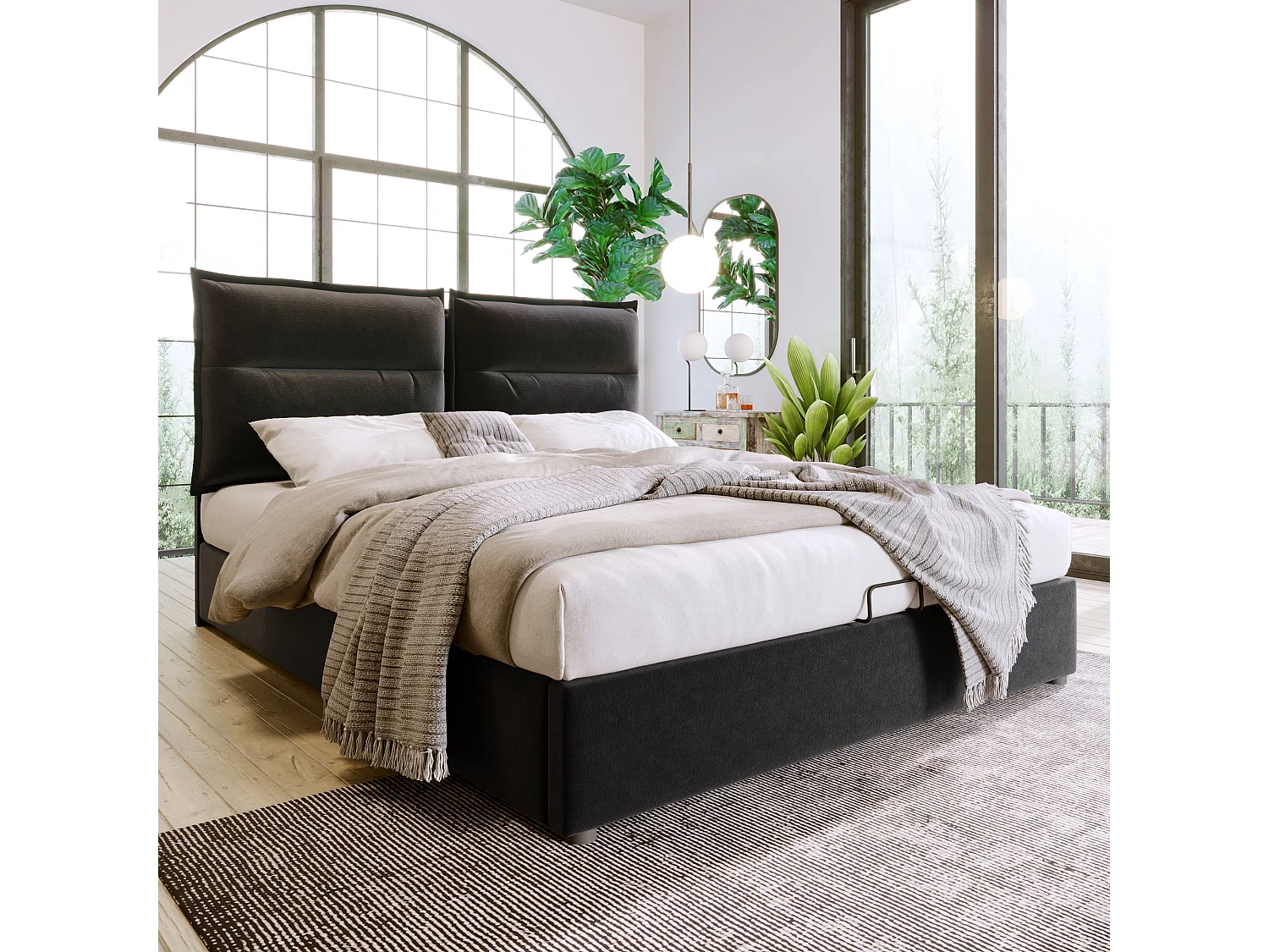 Lit coffre 140x200 cm avec tête de lit réglable, rangement hydraulique, velours et métal, noir (Sans matelas)