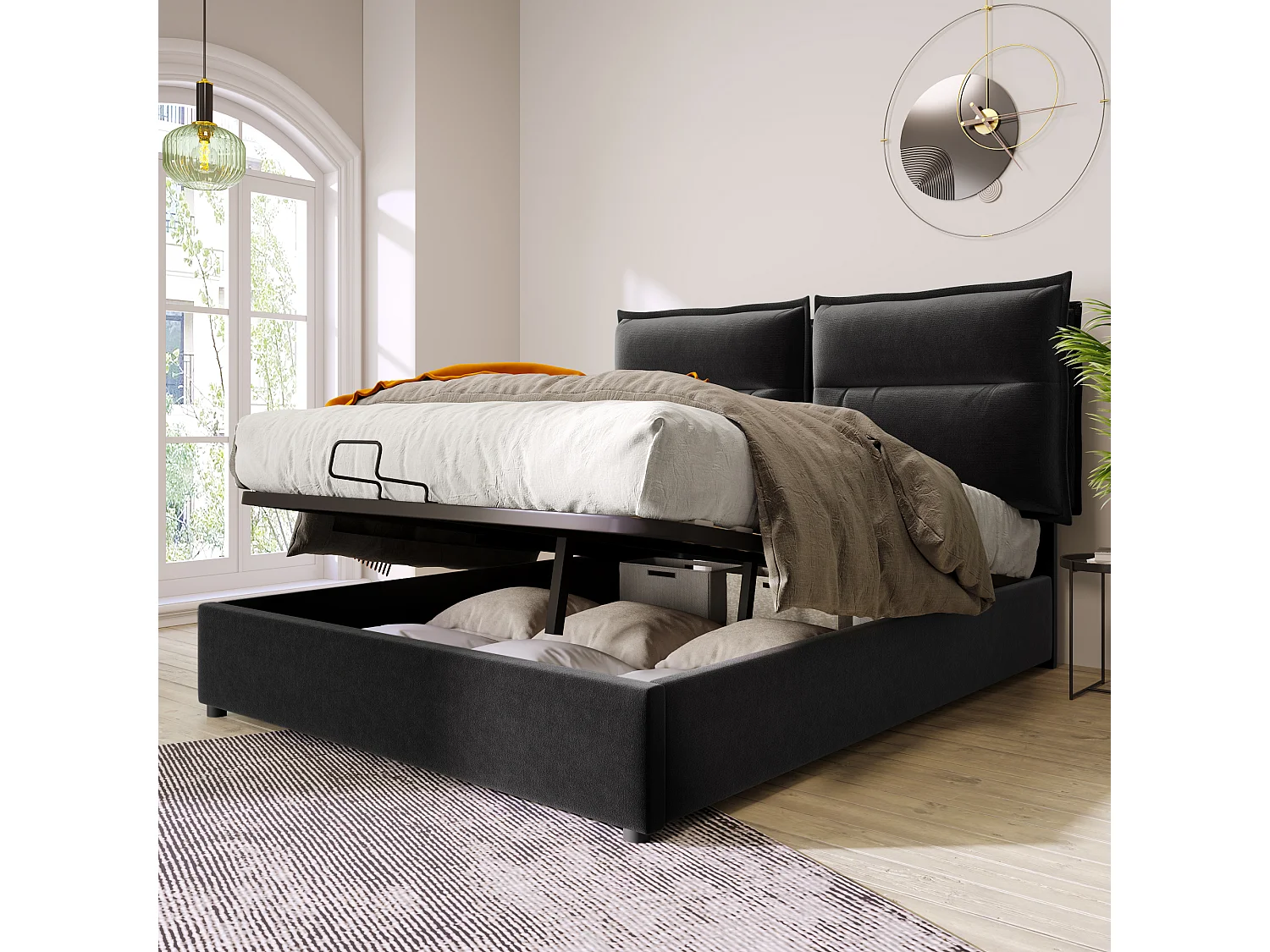 Lit coffre 140x200 cm avec tête de lit réglable, rangement hydraulique, velours et métal, noir (Sans matelas)