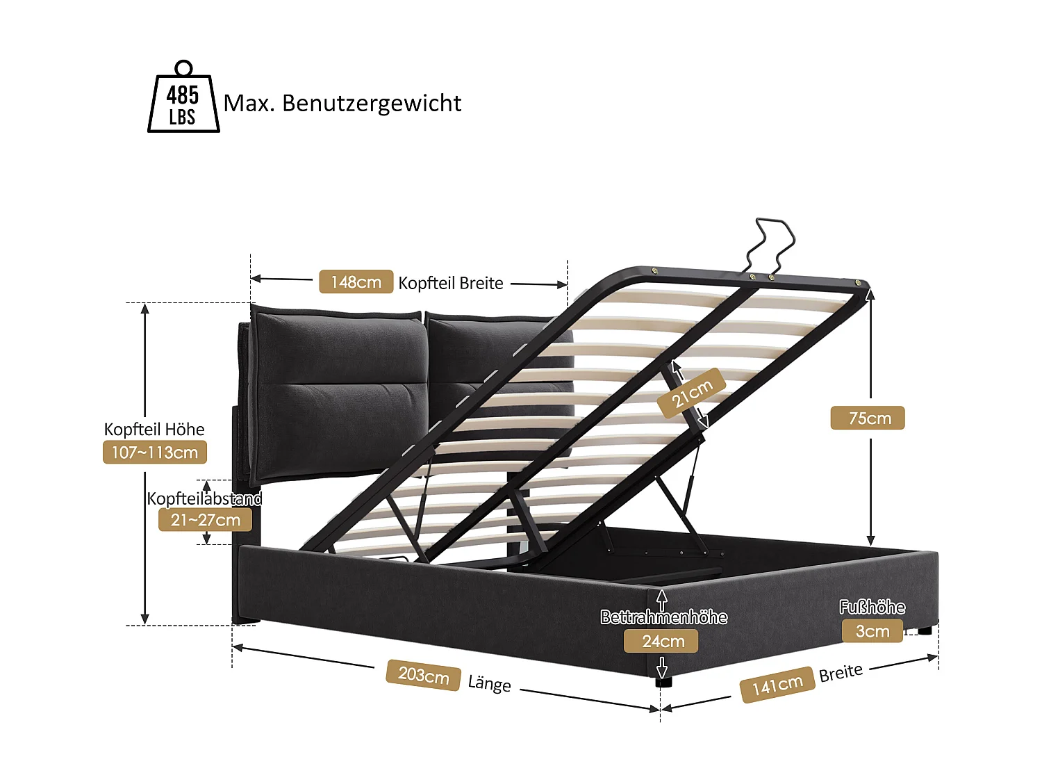 Lit coffre 140x200 cm avec tête de lit réglable, rangement hydraulique, velours et métal, noir (Sans matelas)