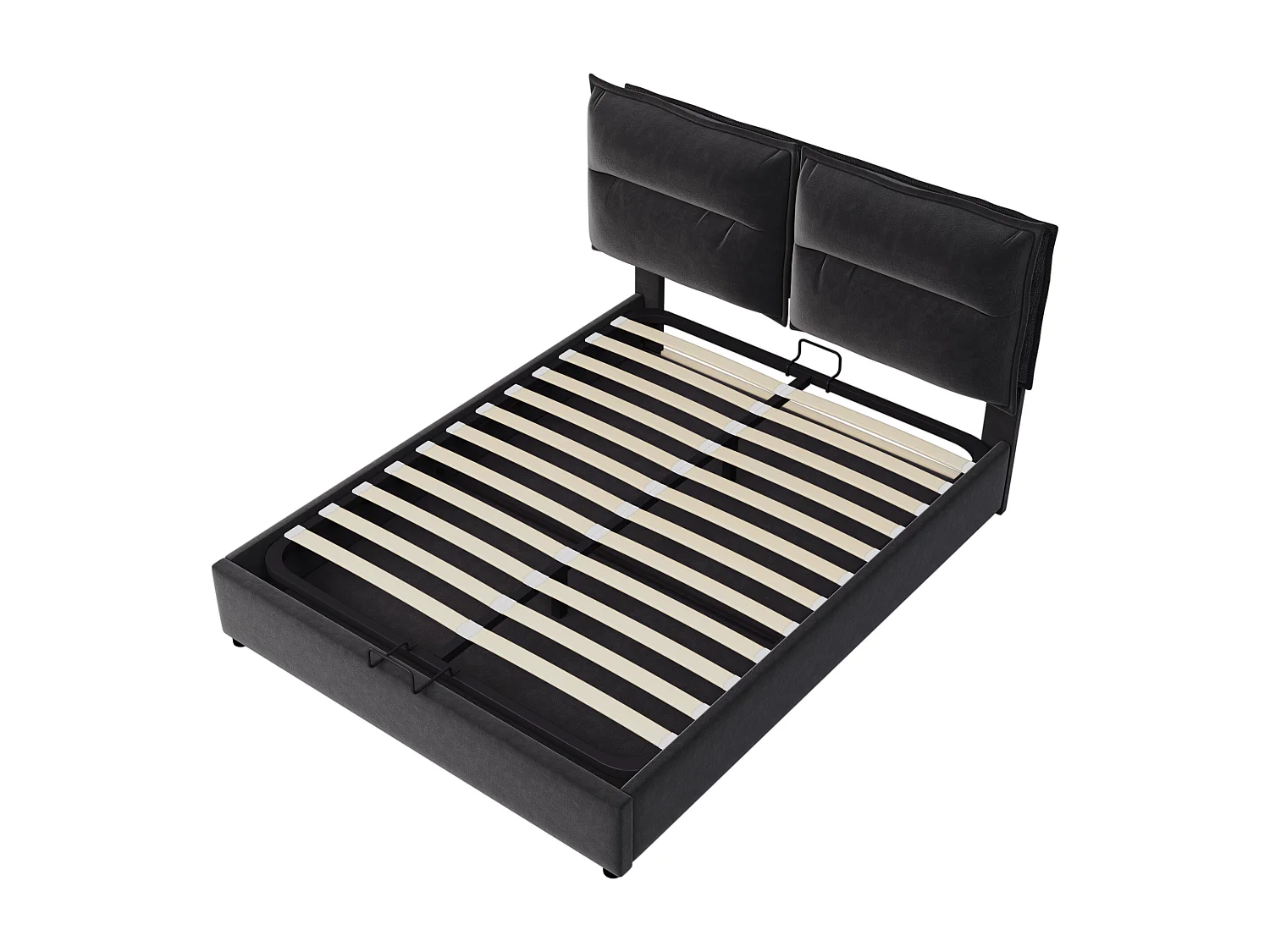 Lit coffre 140x200 cm avec tête de lit réglable, rangement hydraulique, velours et métal, noir (Sans matelas)