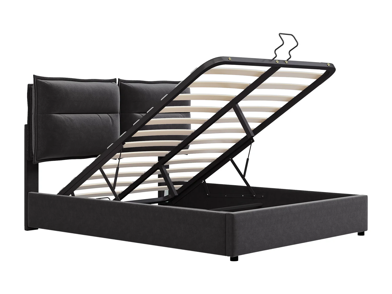 Lit coffre 140x200 cm avec tête de lit réglable, rangement hydraulique, velours et métal, noir (Sans matelas)