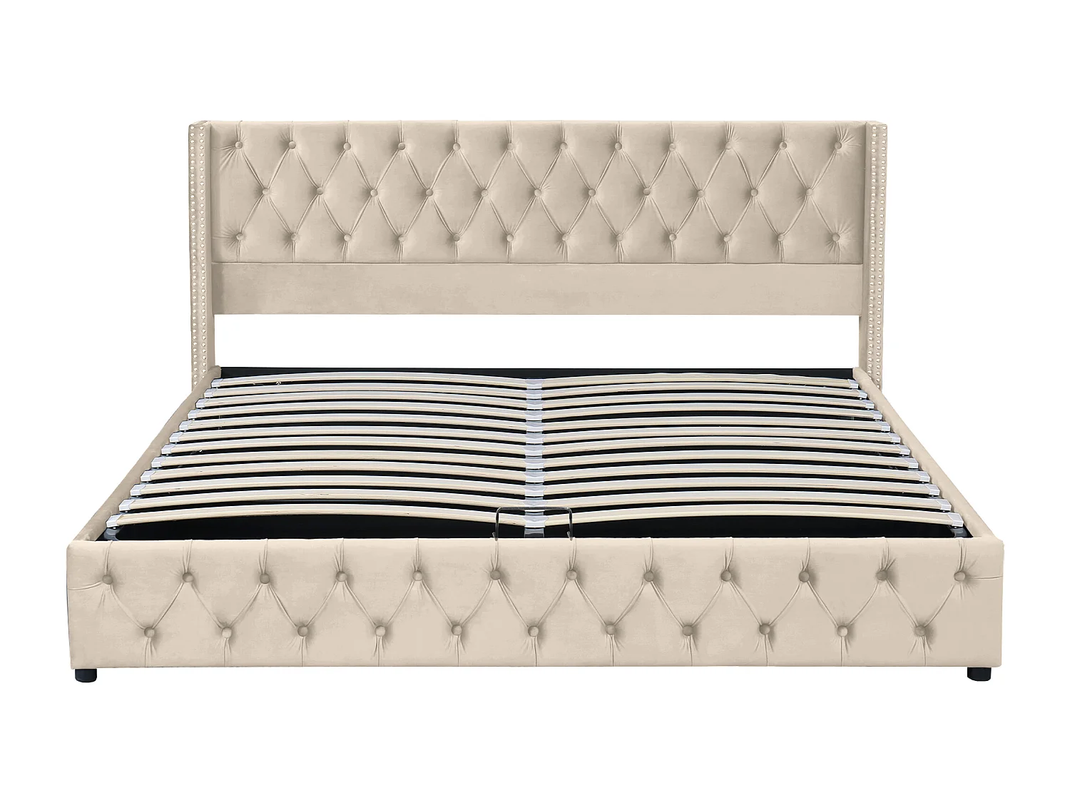 Lit coffre 180x200 cm avec coffre hydraulique et capitonnage Chesterfield velours beige (Sans matelas)