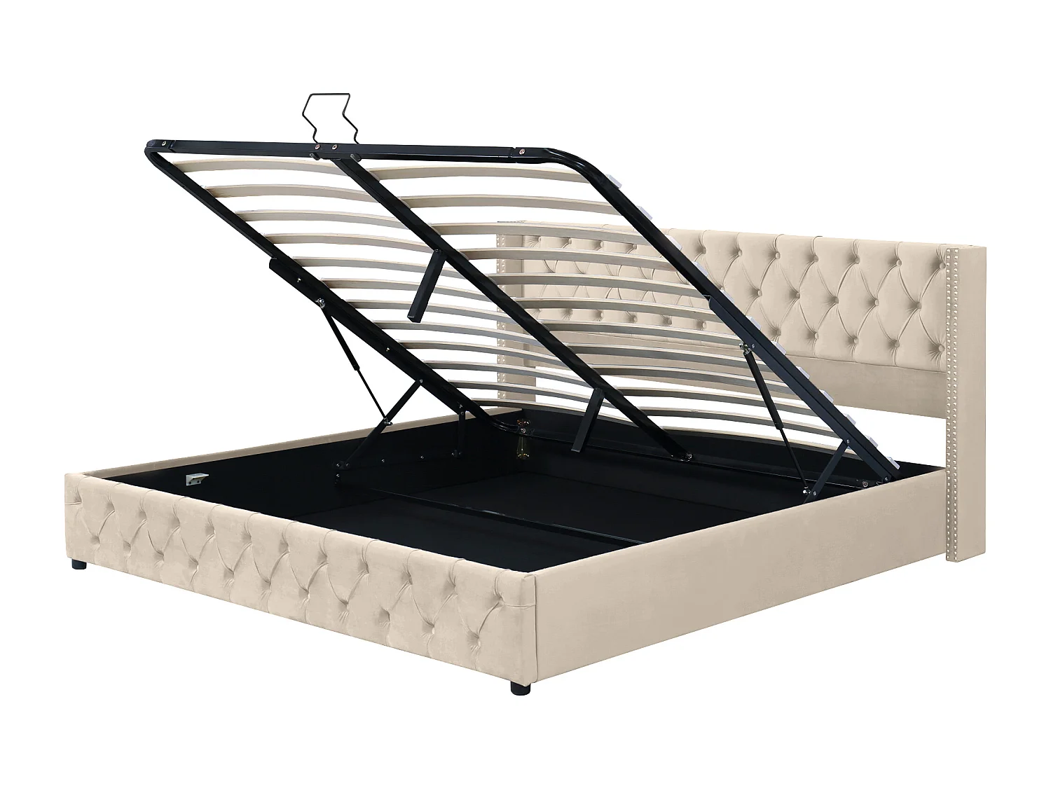 Lit coffre 180x200 cm avec coffre hydraulique et capitonnage Chesterfield velours beige (Sans matelas)
