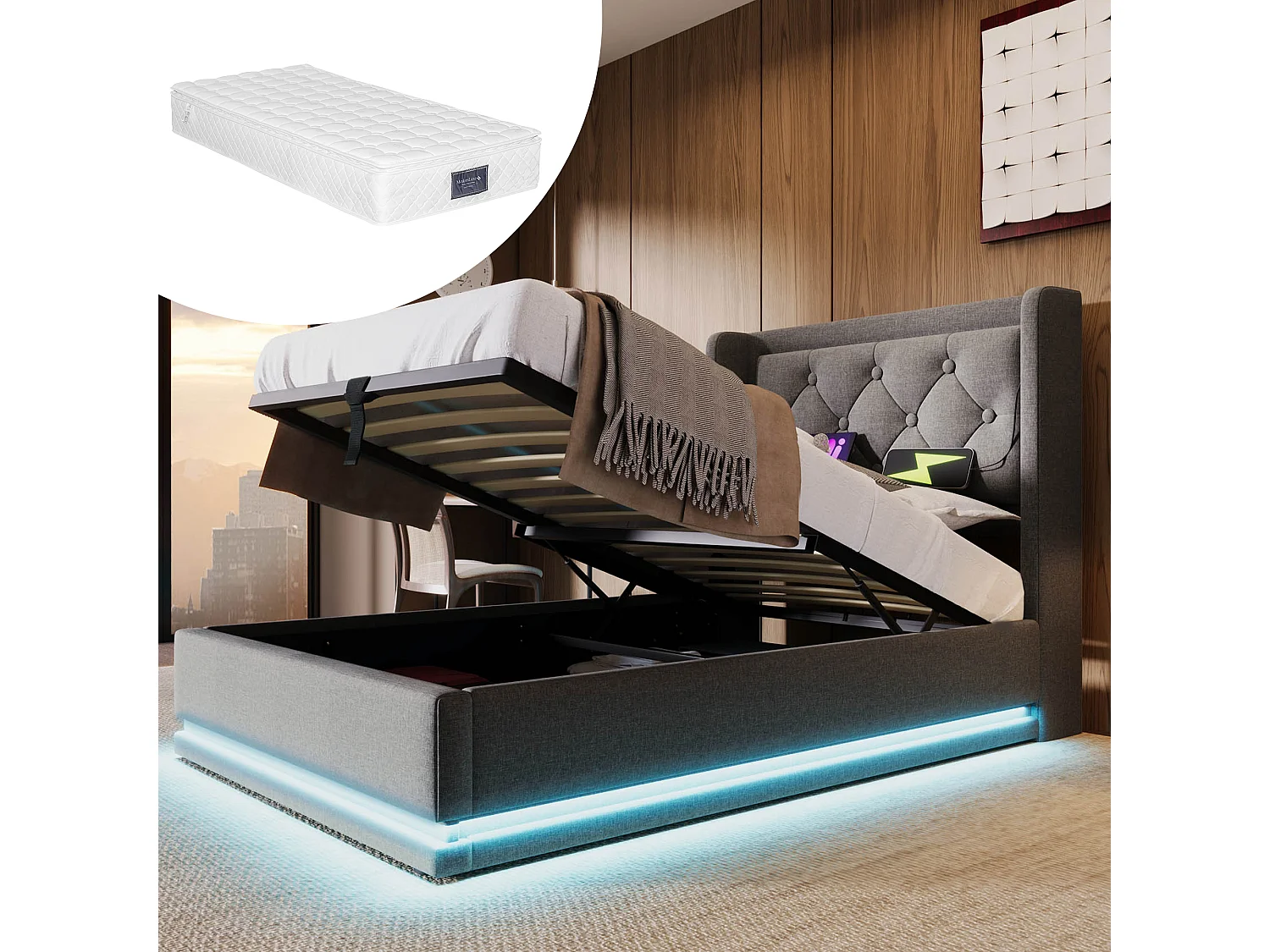 Lit Coffre 90x200cm avec LED USB Espace de rangement Matelas Sommier à lattes en bois en gris pour enfants et adolescents