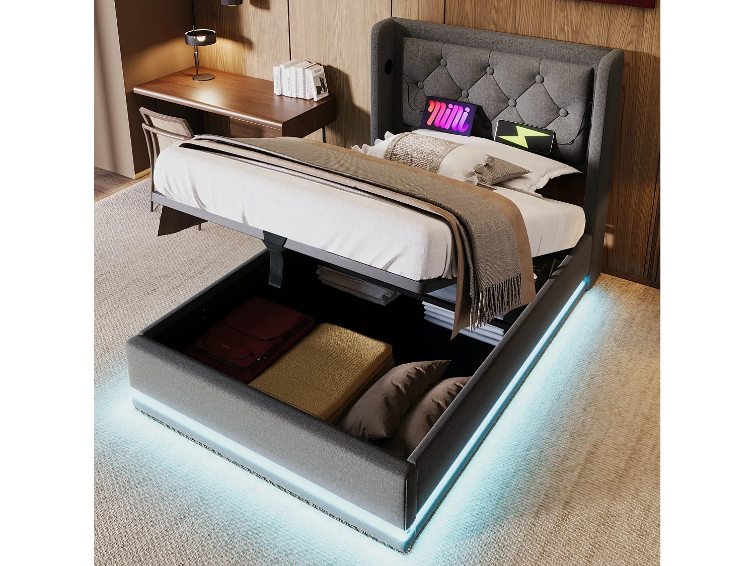 Lit coffre 90x200 cm avec LED 3 côtés, USB et USB C, tête de lit capitonnée, coton gris (Avec matelas)