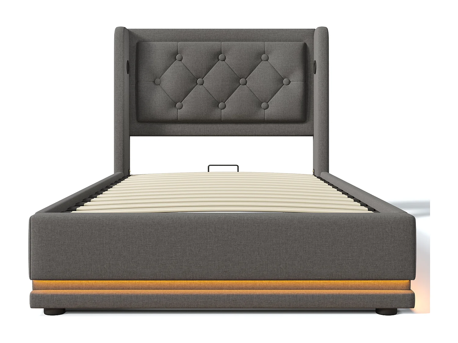Lit coffre 90x200 cm avec LED 3 côtés, USB et USB C, tête de lit capitonnée, coton gris (Avec matelas)