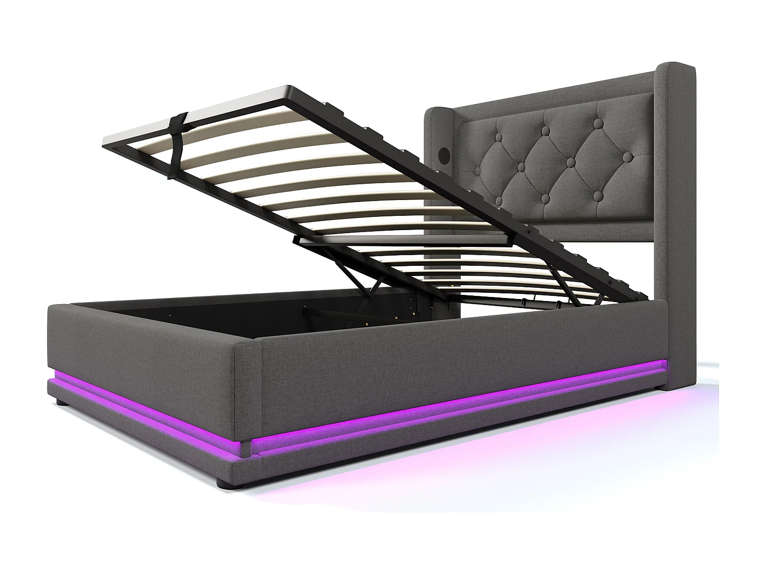 Lit coffre 90x200 cm avec LED 3 côtés, USB et USB C, tête de lit capitonnée, coton gris (Avec matelas)