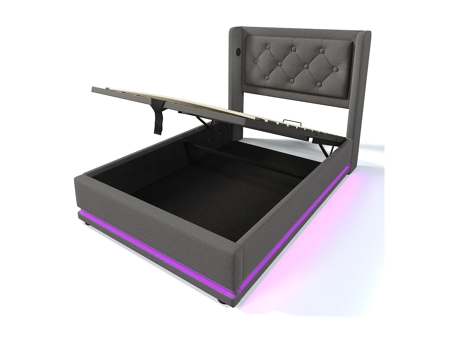 Lit coffre 90x200 cm avec LED 3 côtés, USB et USB C, tête de lit capitonnée, coton gris (Avec matelas)