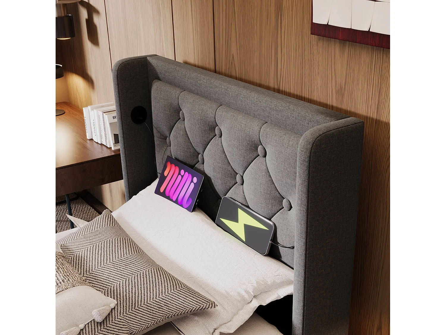 Lit coffre 90x200 cm avec LED 3 côtés, USB et USB C, tête de lit capitonnée, coton gris (Avec matelas)