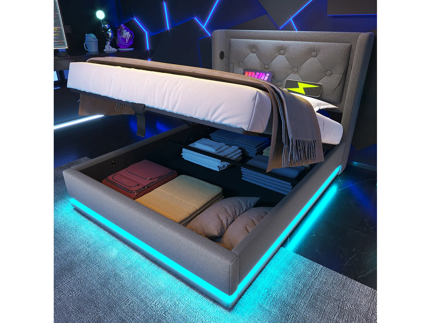 Lit coffre 90x200 cm avec LED 3 côtés, USB et USB C, tête de lit capitonnée, coton gris (Avec matelas)