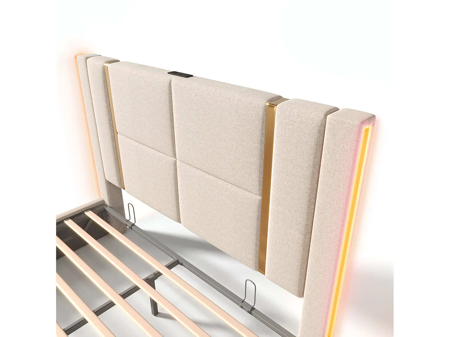 Lit coffre 140x200 cm avec LED RGB, USB et USB C, tête de lit, tissu en lin beige (Sans matelas)