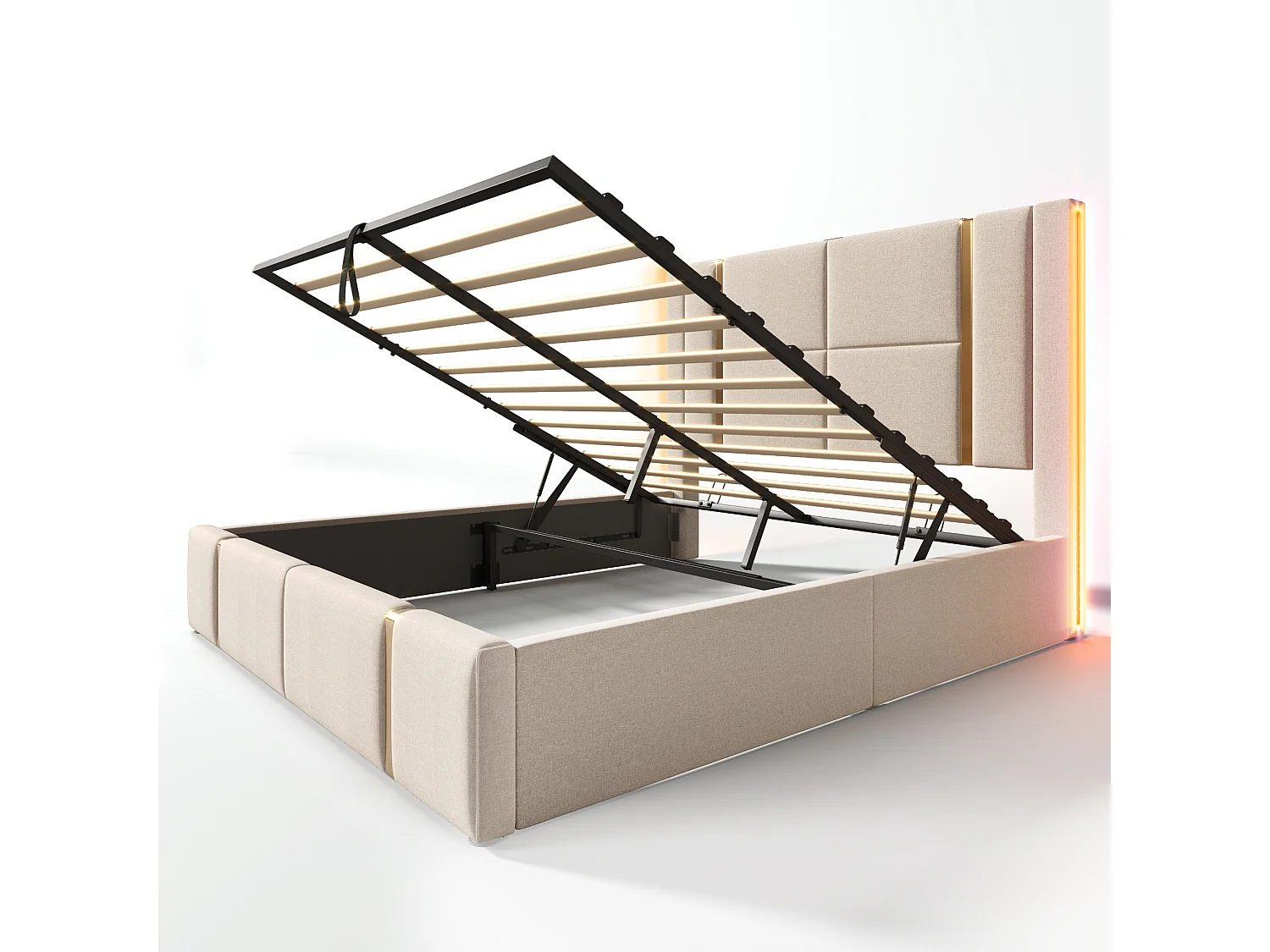 Lit coffre 140x200 cm avec LED RGB, USB et USB C, tête de lit, tissu en lin beige (Sans matelas)