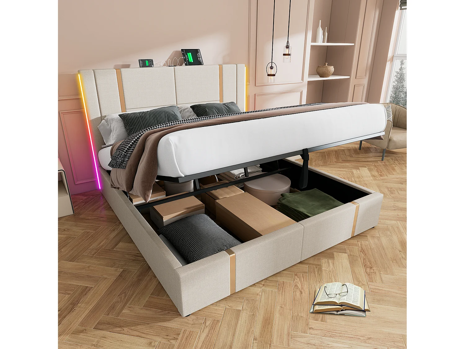 Lit coffre 140x200 cm avec LED RGB, USB et USB C, tête de lit, tissu en lin beige (Sans matelas)