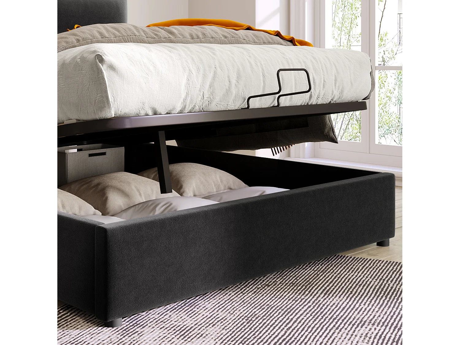 Lit coffre 140x200cm avec tête de lit réglable cadre espace de rangement - Fer - Noir - (Avec matelas)