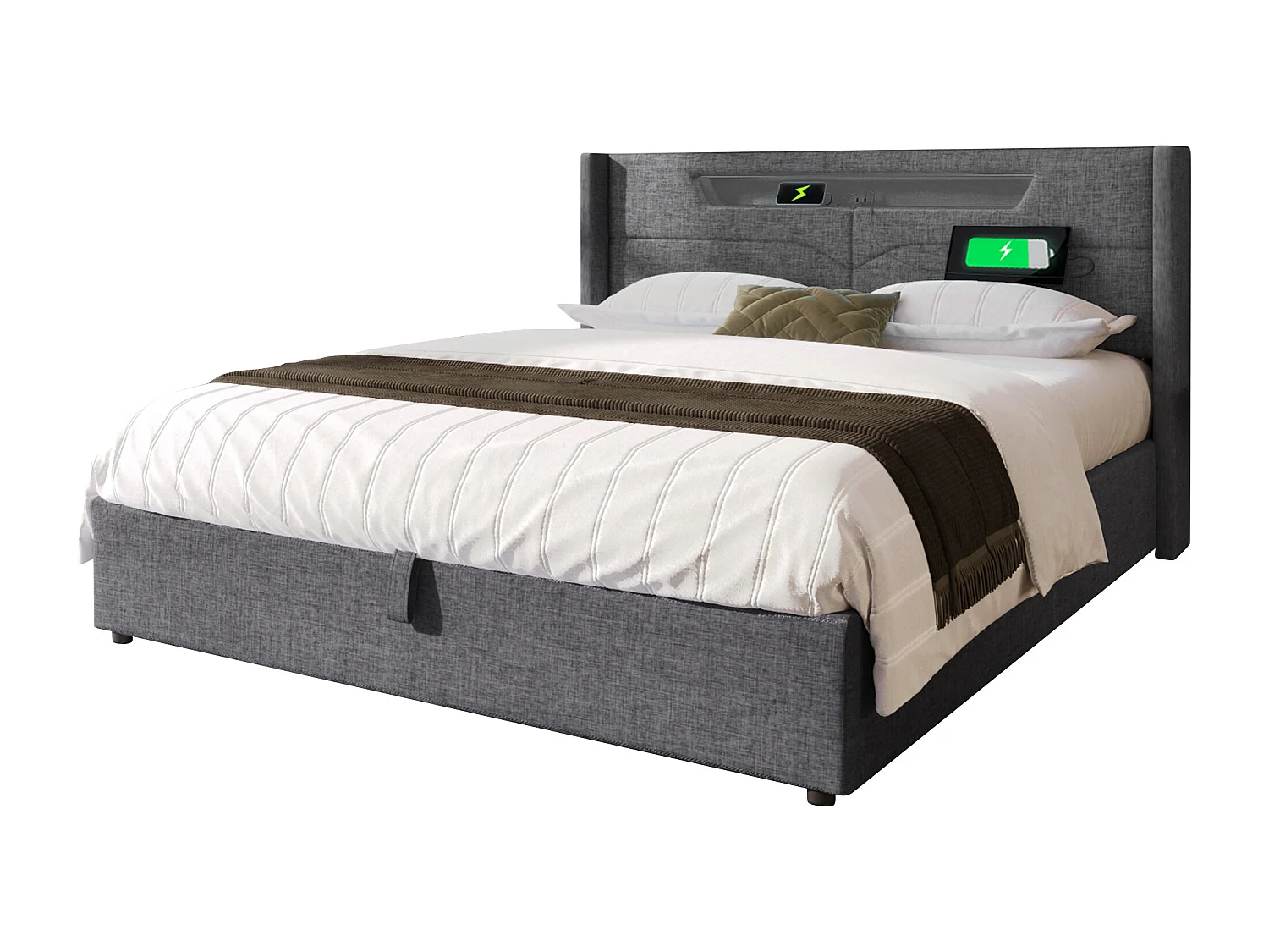 Lit coffre 160x200 cm - tête de lit avec USB et LED - cadre de lit en métal - lin gris (sans matelas)