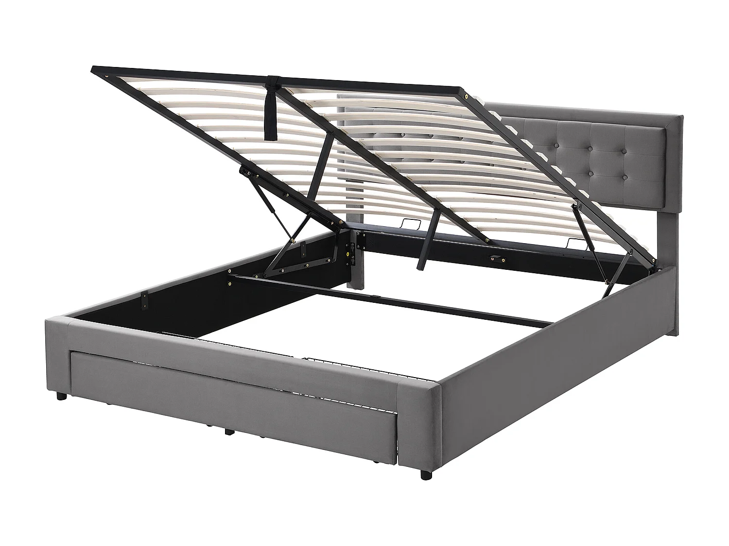 Lit coffre 180x200 cm avec tête de lit réglable et tiroirs, velours gris (Sans matelas)