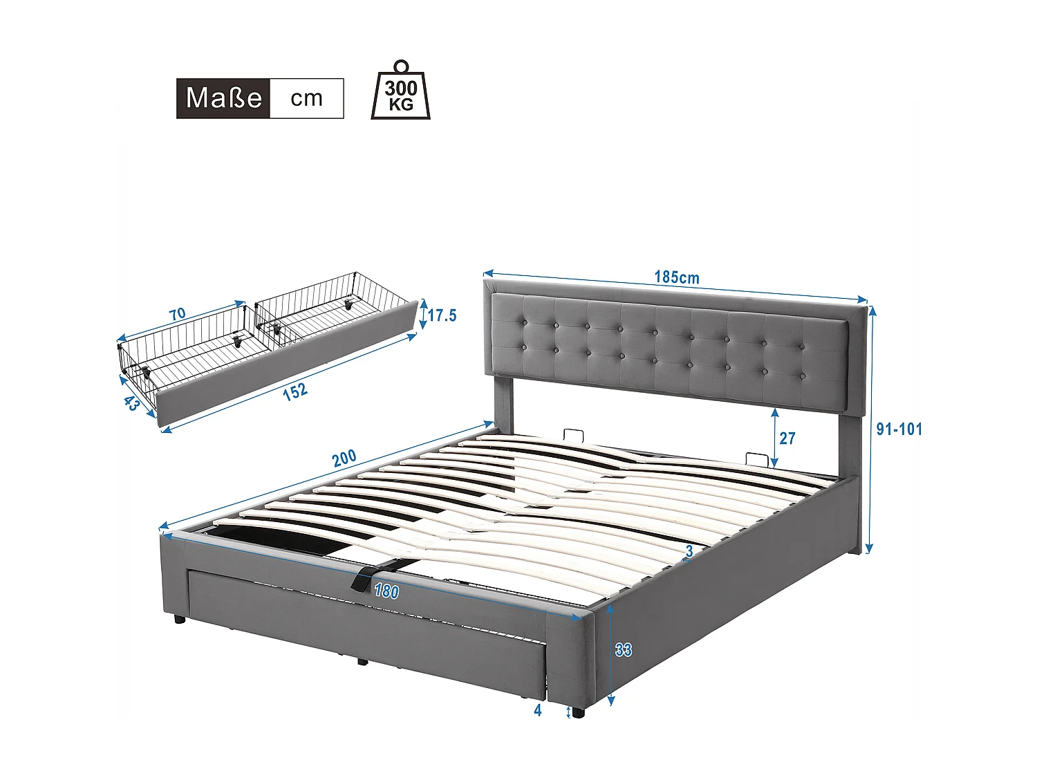 Lit coffre 180x200 cm avec tête de lit réglable et tiroirs, velours gris (Sans matelas)