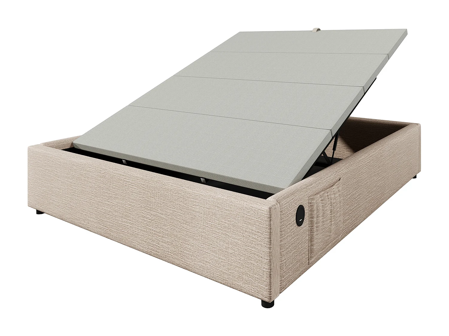 Lit coffre 160x200 cm avec USB et Type C, avec sommier plein, en lin, beige et naturel (Sans matelas)