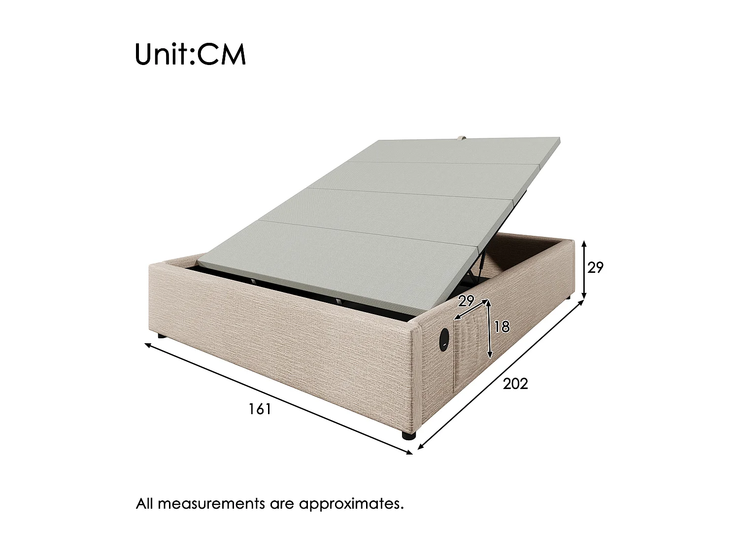 Lit coffre 160x200 cm avec USB et Type C, avec sommier plein, en lin, beige et naturel (Sans matelas)