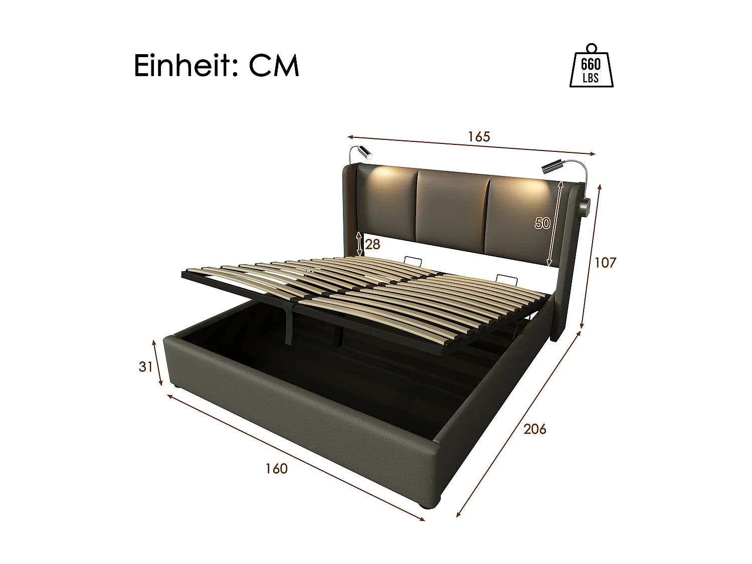 Lit coffre 160x200 cm, liseuse et charge USB intégrées, sommier relevable, PU gris (Sans matelas)