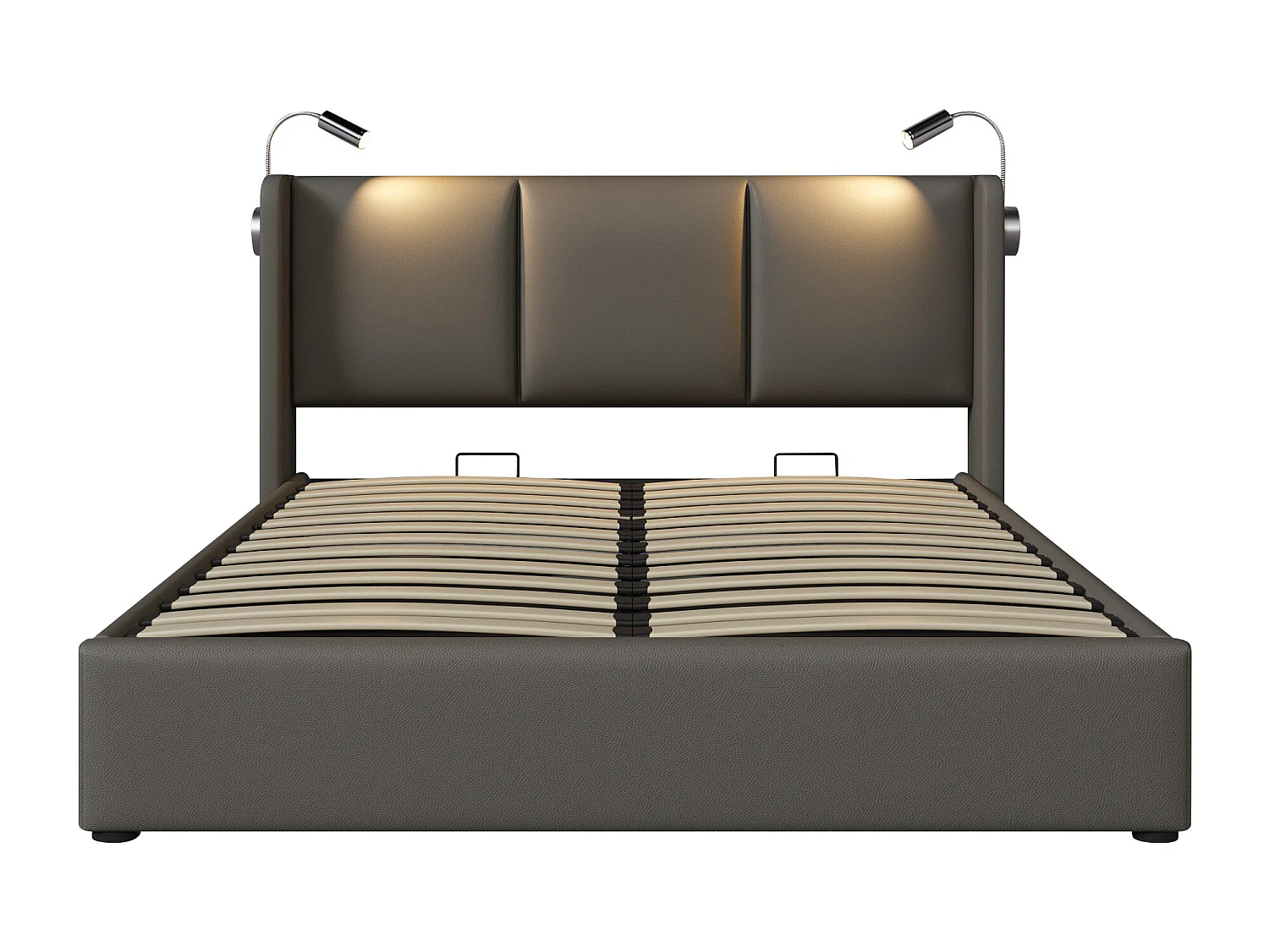 Lit coffre 160x200 cm, liseuse et charge USB intégrées, sommier relevable, PU gris (Sans matelas)