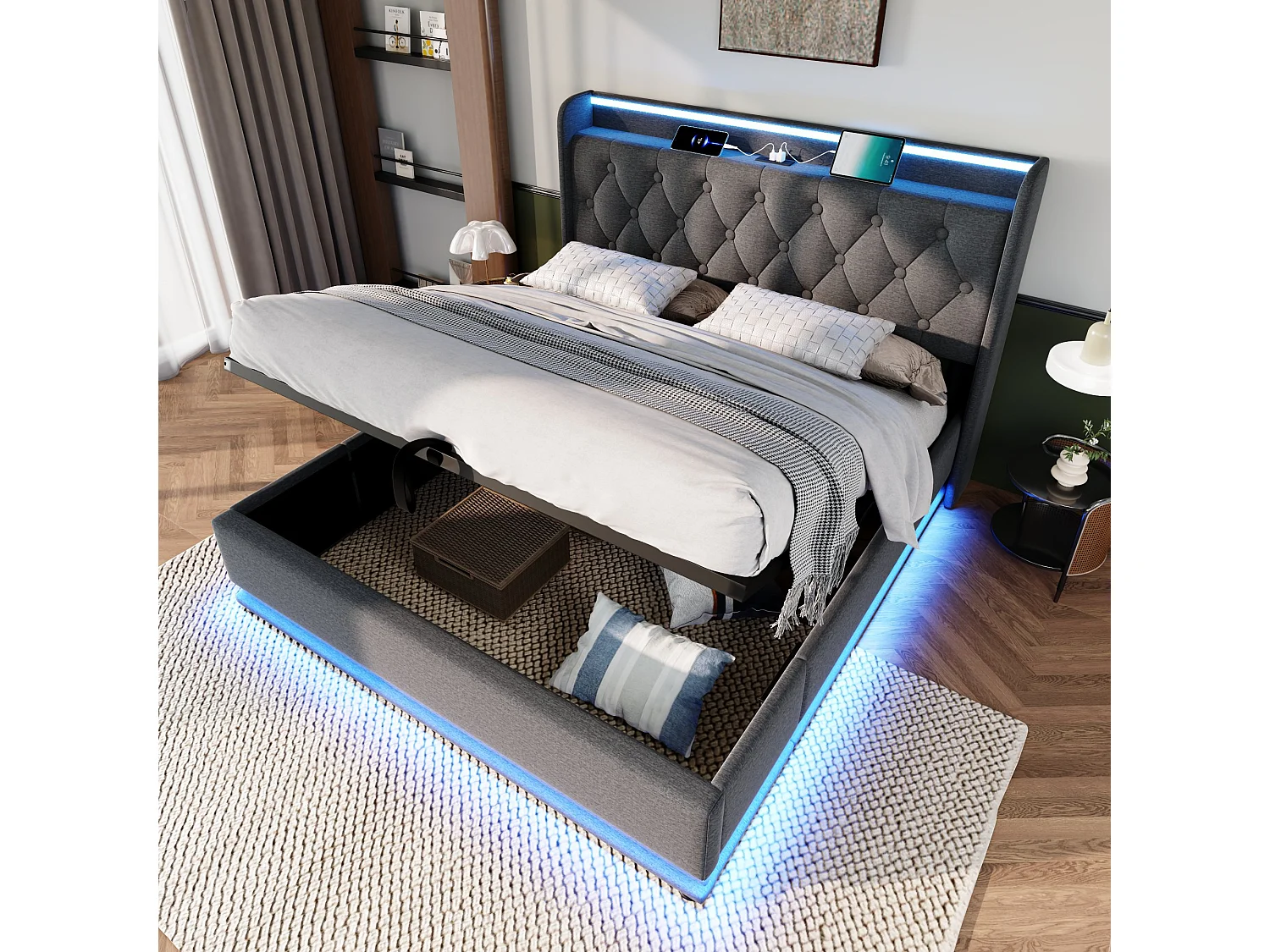 Lit coffre 180x200 cm avec LED 360° et USB Type C, tête de lit capitonnée, lin gris (Sans matelas)