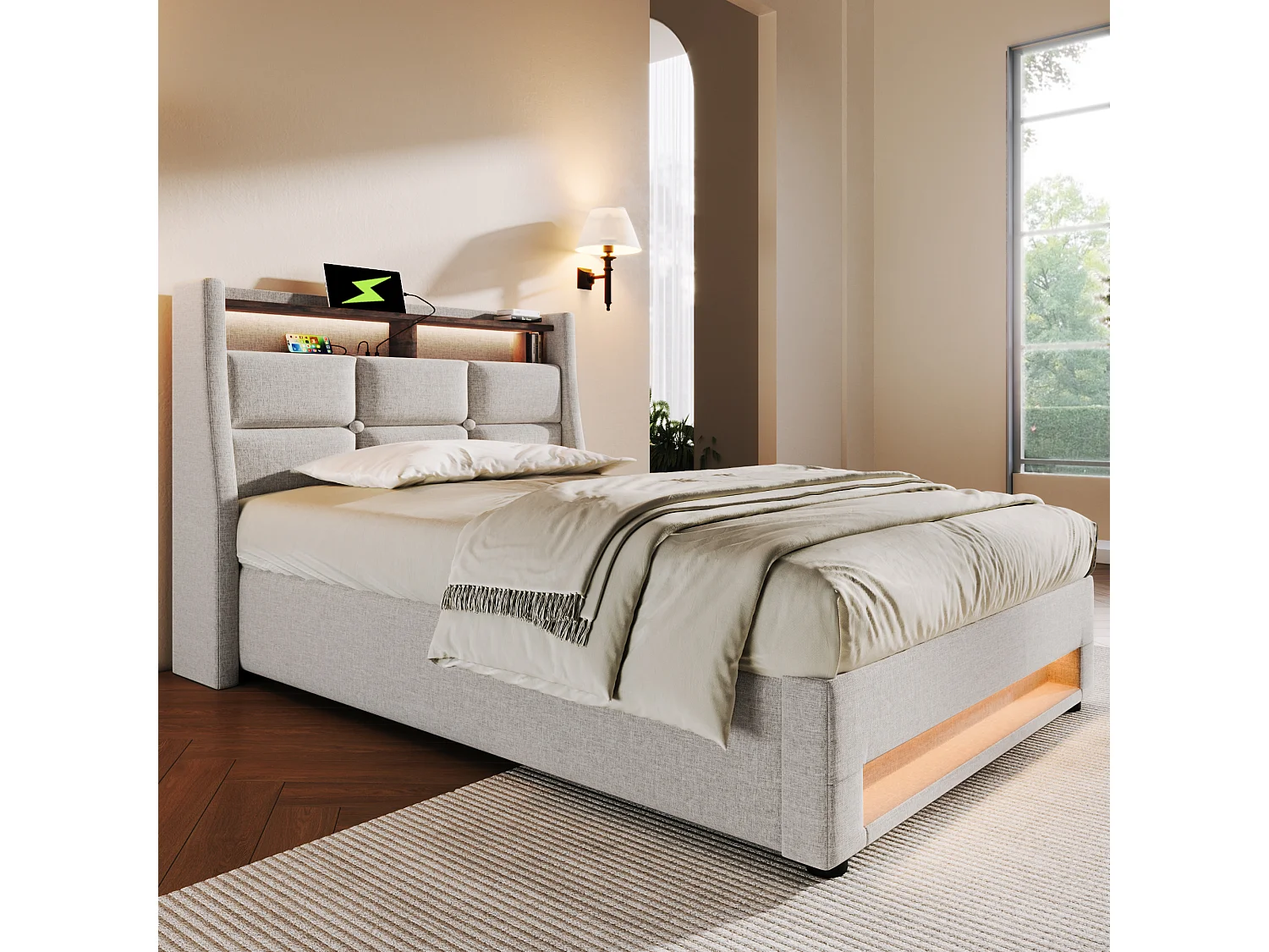 Lit coffre 90x200 cm avec LED et USB, avec sommier relevable en lin beige (Sans matelas)