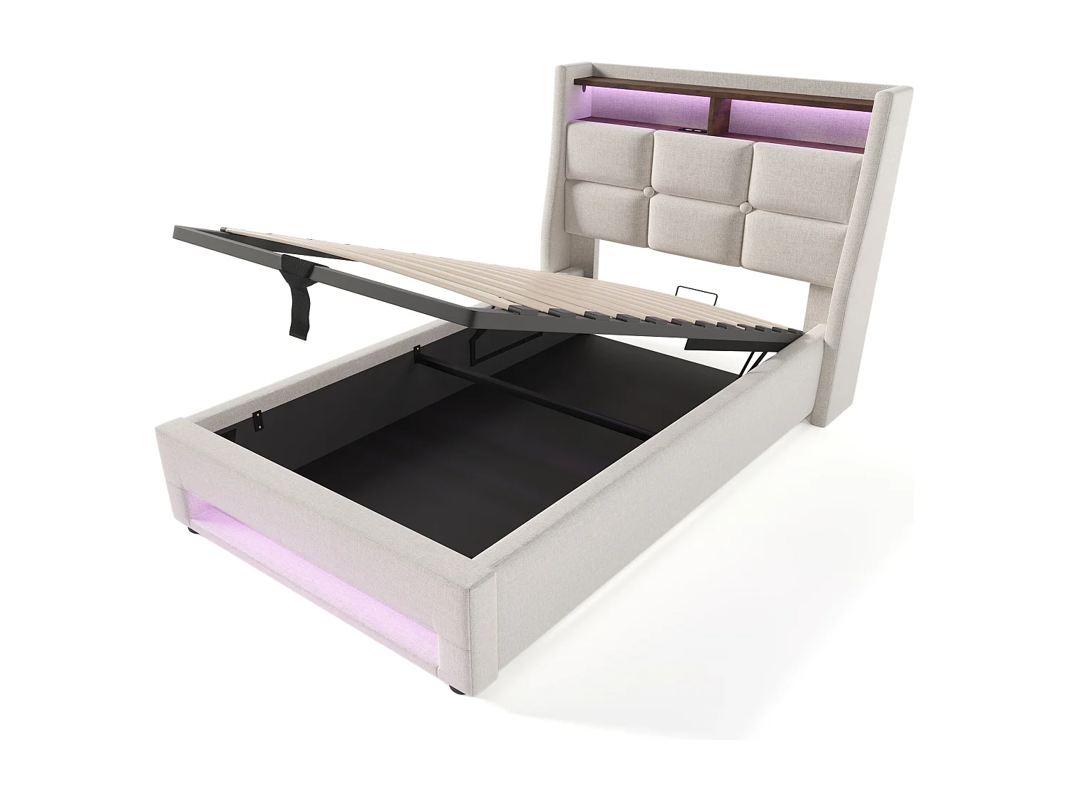 Lit coffre 90x200 cm avec LED et USB, avec sommier relevable en lin beige (Sans matelas)