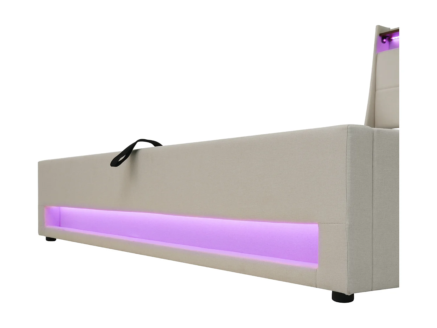 Lit coffre 90x200 cm avec LED et USB, avec sommier relevable en lin beige (Sans matelas)