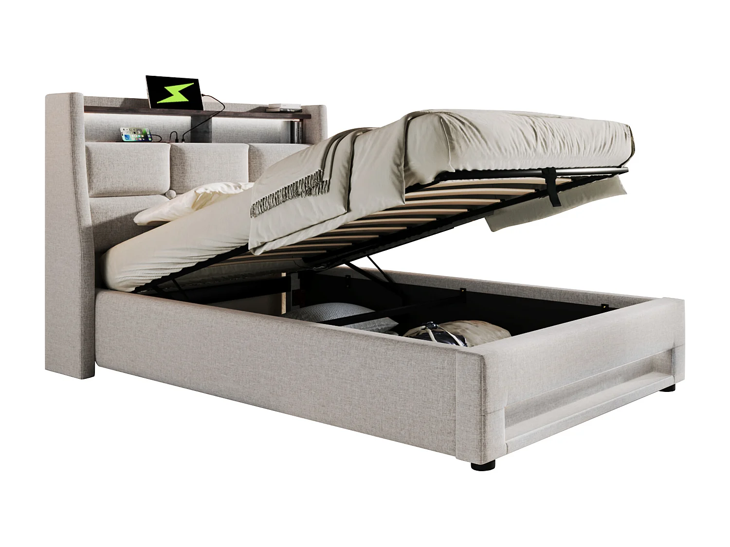 Lit coffre 90x200 cm avec LED et USB, avec sommier relevable en lin beige (Sans matelas)