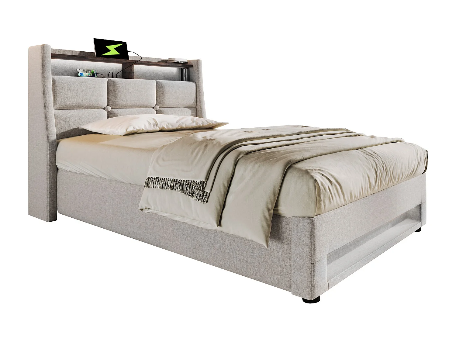 Lit coffre 90x200 cm avec LED et USB, avec sommier relevable en lin beige (Sans matelas)