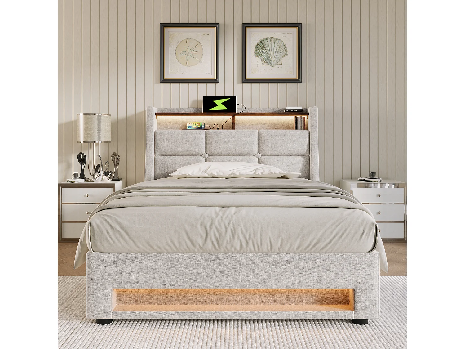 Lit coffre 90x200 cm avec LED et USB, avec sommier relevable en lin beige (Sans matelas)