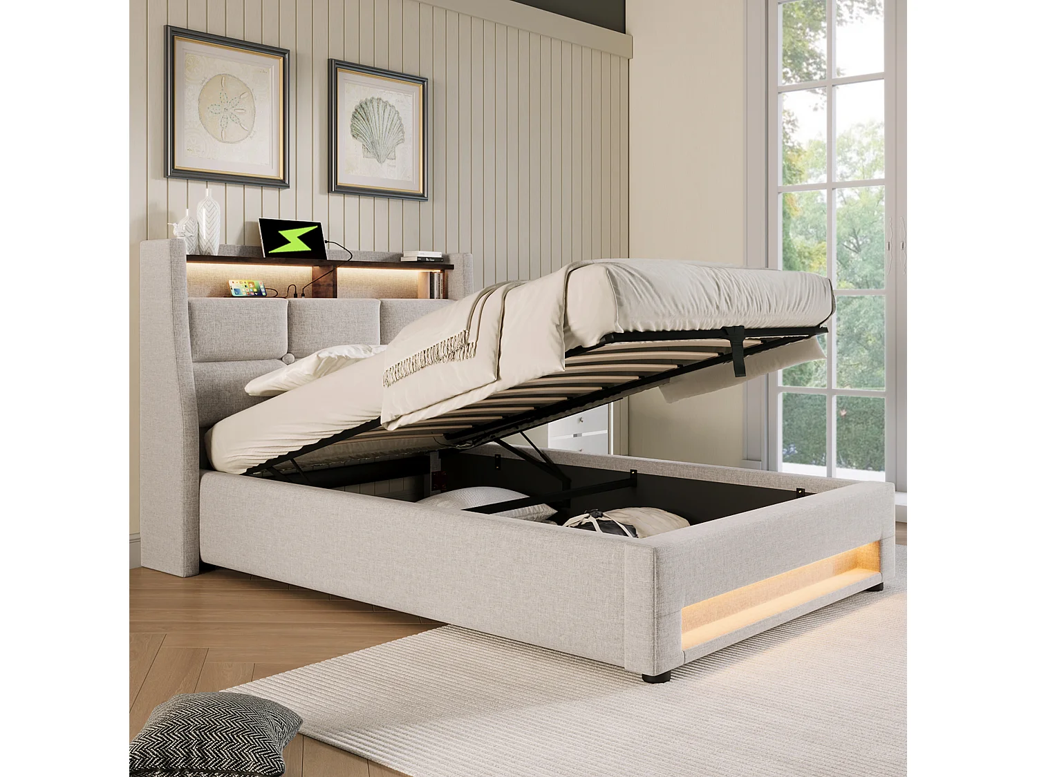 Lit coffre 90x200 cm avec LED et USB, avec sommier relevable en lin beige (Sans matelas)